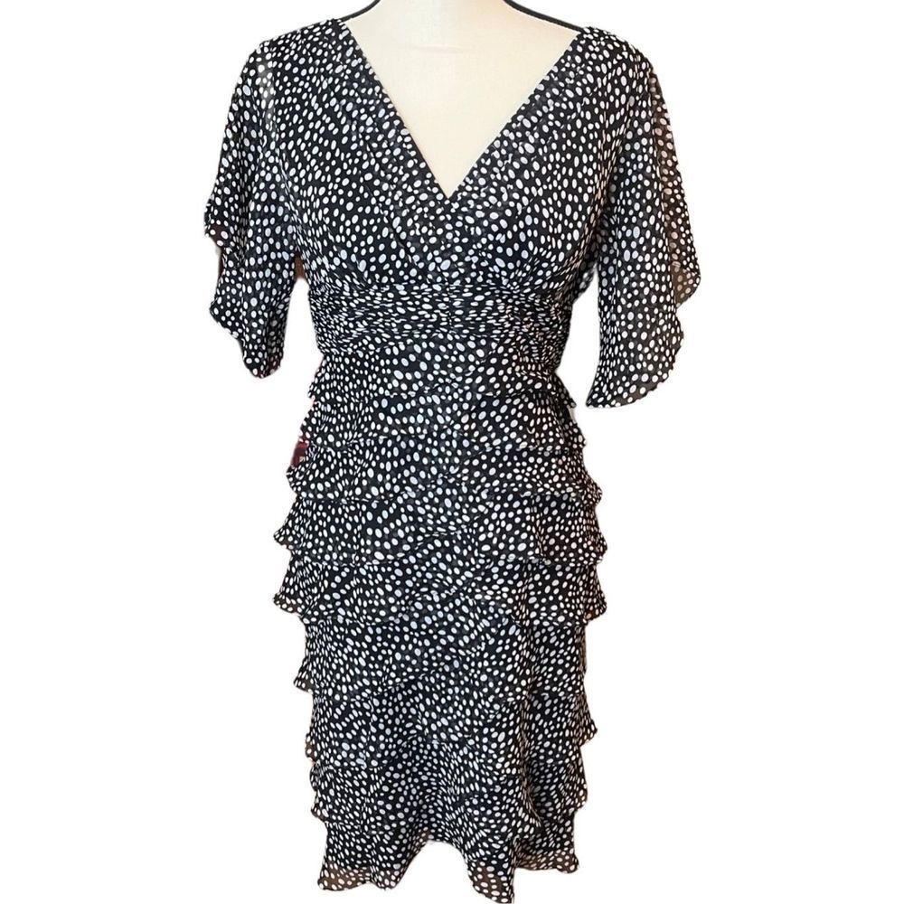 Adrianna Papell Polka Dot V-neck Ruffle Tiered Ruched Waist Bodycon Dress Sz 10